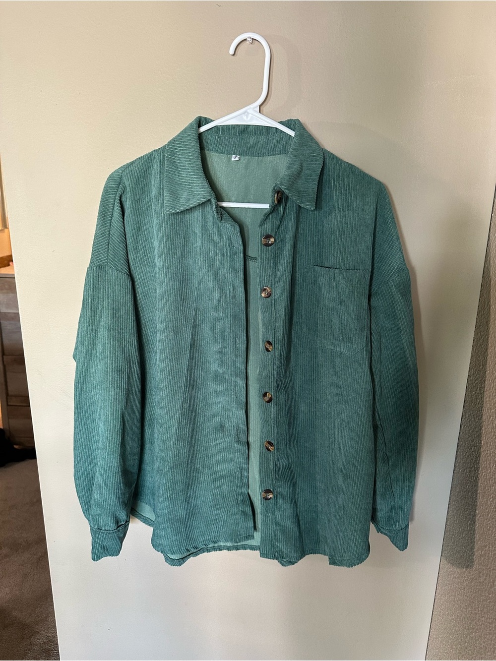 Button-Front Corduroy Shirt Jacket in Teal Green Women’s Size S